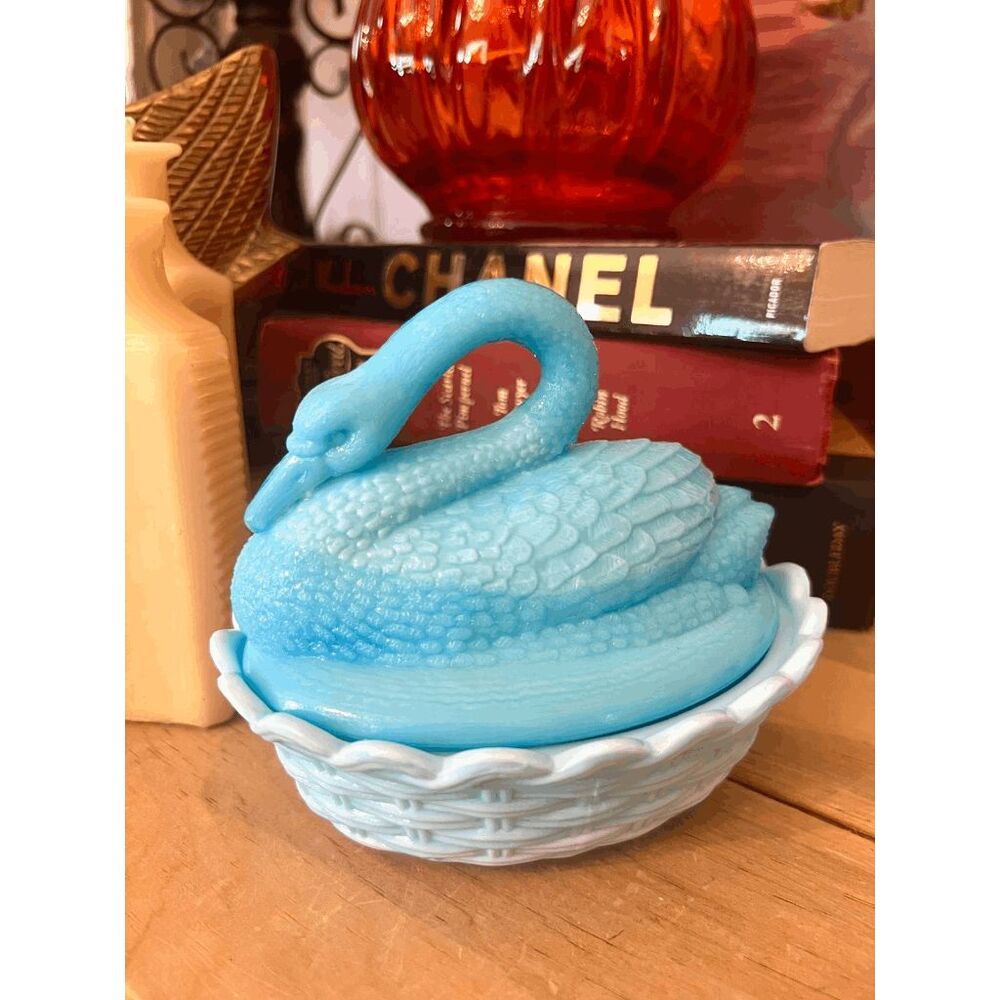 Vintage Westmoreland Blue Milk Glass Raised Wing Swan Covered Dish
